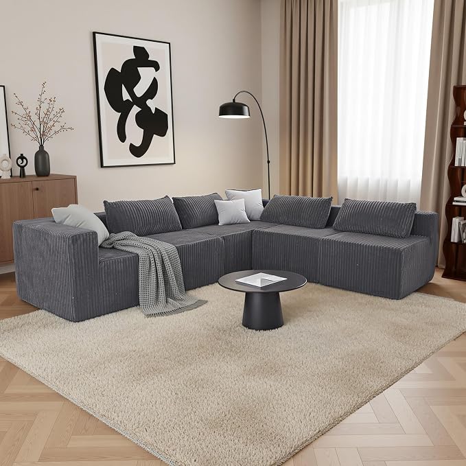 Claiks 128" Modular U‑Shaped Boneless Cloud Couch, Deep Seat Sectional Sofa with Double Chaise, No Assembly Required, Modern Oversized Couches for Living Room, Dark Grey