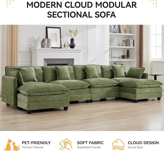 147'' Sectional Cloud Deep Seat Couch, Oversized Chenille U Shaped Sectional Sofa for Living Room Set, Comfy Upholstered Modular Sectional Sofa Couch with Movable Ottoman, Green