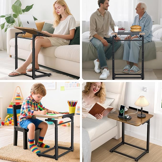 Tv Tray Table, 8-Level Adjustable Height Couch Side Table,90° Tilt Angle Adjustments C-Shaped End Table, with Phone & Tablet Slot Sofa Computer Desk for Couch, Sofa, Bed, Chair, Living Room (Brown)