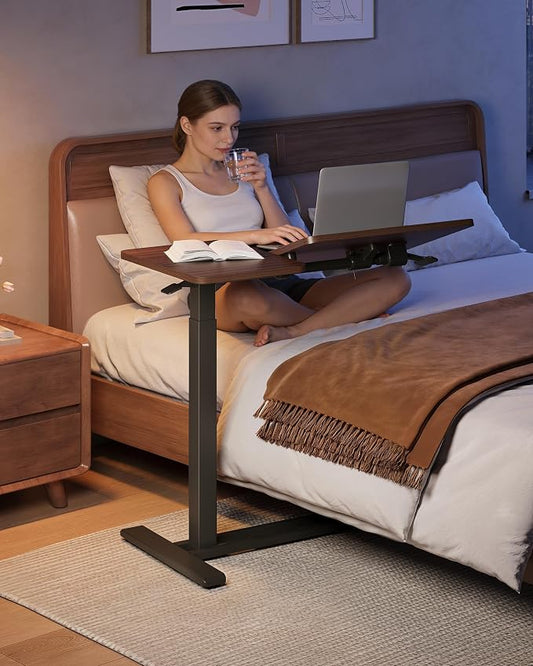 SANODESK Small Rolling Overbed Table Adjustable Height with Wheels, Mobile Laptop Desk with Tilting Desktop, Portable Computer Workstation for Home Office, Classroom, Bedside, Black Walnut