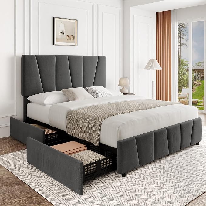 Full Size Bed Frame with Upholstered Headboard & 4 Storage Drawers with Wheels, Platform Bed Frame with Wooden Slat Support, Adjustable Headboard, No Box Spring Needed, Noise-Free, for Bedroom