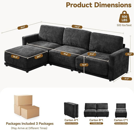 110.6" L Shaped Sectional Sofa, Modular Cloud Deep Seat Couch with Movable Ottoman, Oversized Thicked 4-Seats Sofas for Living Room, Chenille Black