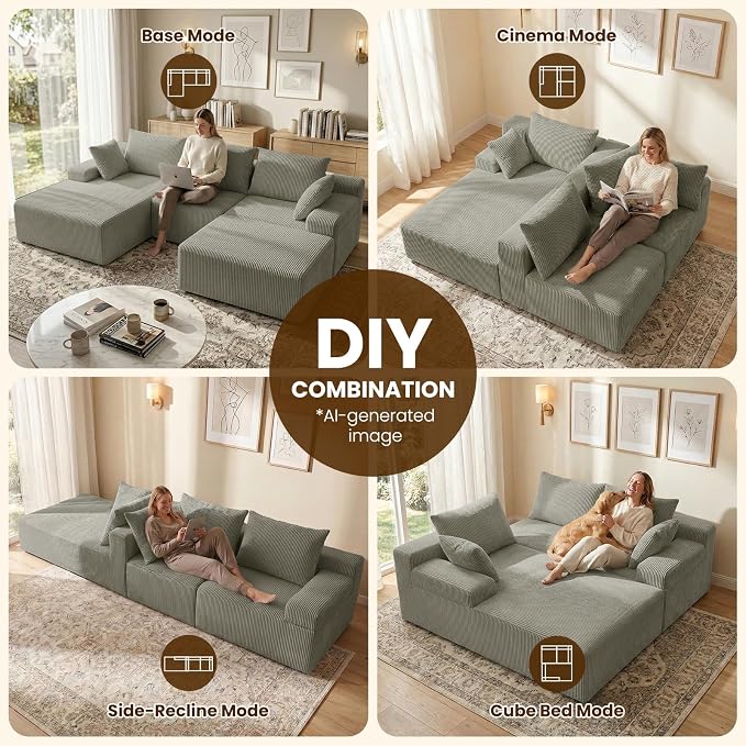 kinmars 108" Boneless Sectional Couch,Corduroy Cloud Couch Sectional for Living Room,Modern U Shaped Modular Sectional Couch,3 Seater Sofa (Camel, 108.9" U Shaped with Ottoman)