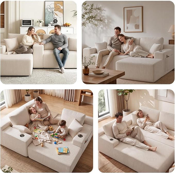 130" U-Shaped Modular Sectional Sofa with Chaise, Boneless Corduroy Flexible Module Seating for Living Room, Cloud Couch with Cup Holders and Side Pockets, No Assembly (Beige)