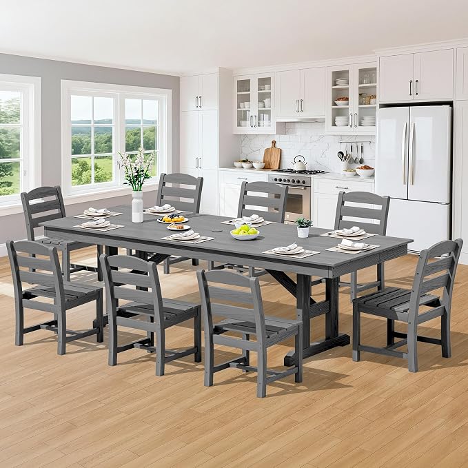 SERWALL 9 Piece 84" HDPE Outdoor Dining Set for 8 with Armless Chairs and Umbrelle Hole, Gray