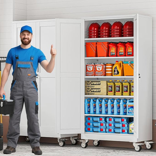 73.6" Metal Garage Storage Cabinet with Wheels and Locking Doors | Tall Rolling Steel Tool Cabinet with 5 Adjustable Shelves for Garage,Home Office(White, 73.6''H x 35.4''W x17.7''D)