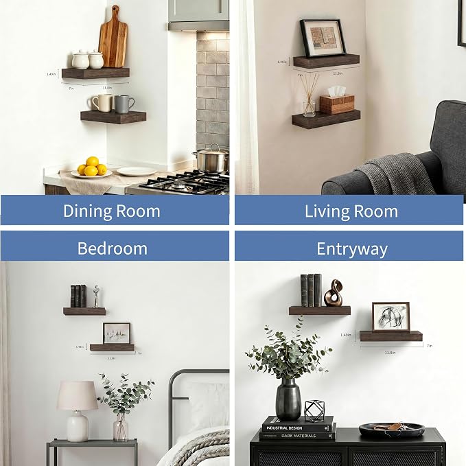 Floating Shelves for Wall, Bathroom Shelves Over Toilet, Wall Shelves & Book Shelf, Hanging Shelf, Modern Wooden Wall-Mounted Samll Floating Shelves, 12x7x1.5 in (Smoke-Gray, Set of 2)
