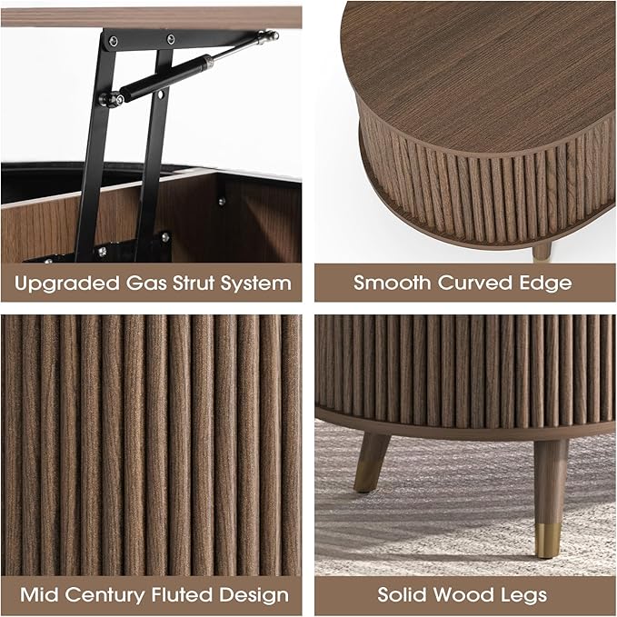 Oval Coffee Table with Storage, 42.5” Fluted Coffee Table with Lifting Top & Solid Wood Legs, Modern Lift Up Center Table for Living Room, Home Office, Walnut