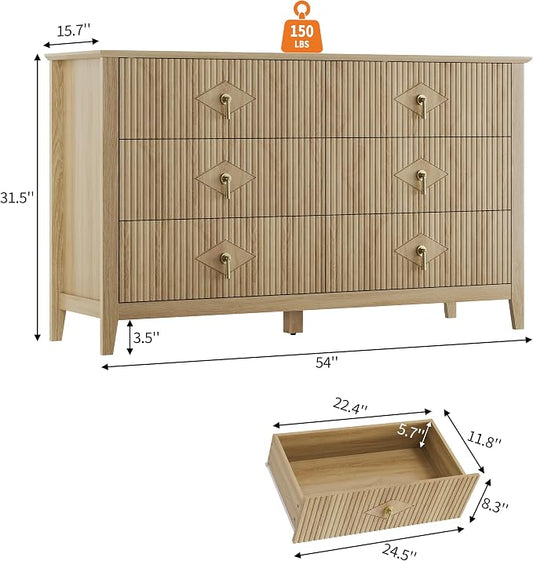 GarveeHome Fluted Dresser for Bedroom, 54 Inch Wide 6-Drawer Wood Dresser, Modern Chest of Drawers, Storage Organizer Cabinet for Living Room, Hallway, Entryway, Natural Oak