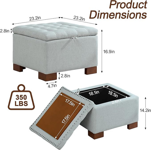 WUTUTUEE 24" Fabric Square Storage Ottoman with Wooden Tray, Modern Tufted Button Footstool Coffee Table, Upholstered Small Ottoman for Living Room, Bedroom, Blue