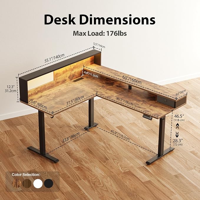 Agilestic L-Shaped Electric Standing Desk, 63x55 Inch Ergonomic Adjustable Height Desk with Storage, Stand Up Corner Desk Sit Stand Computer Table Power Outlet & LED Lights, Office Table, Rustic Brown