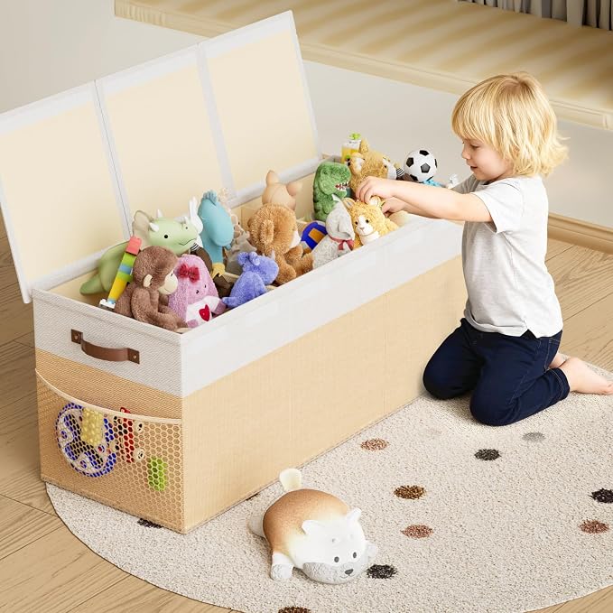 Dayacoco Extra Large Toy Box Chest with Lids, Collapsible Sturdy Kids Toy Storage Organizer Boxes for Boys Girls, Collapsible Sturdy Toys Chest Storage Organizer Bin Basket, Beige