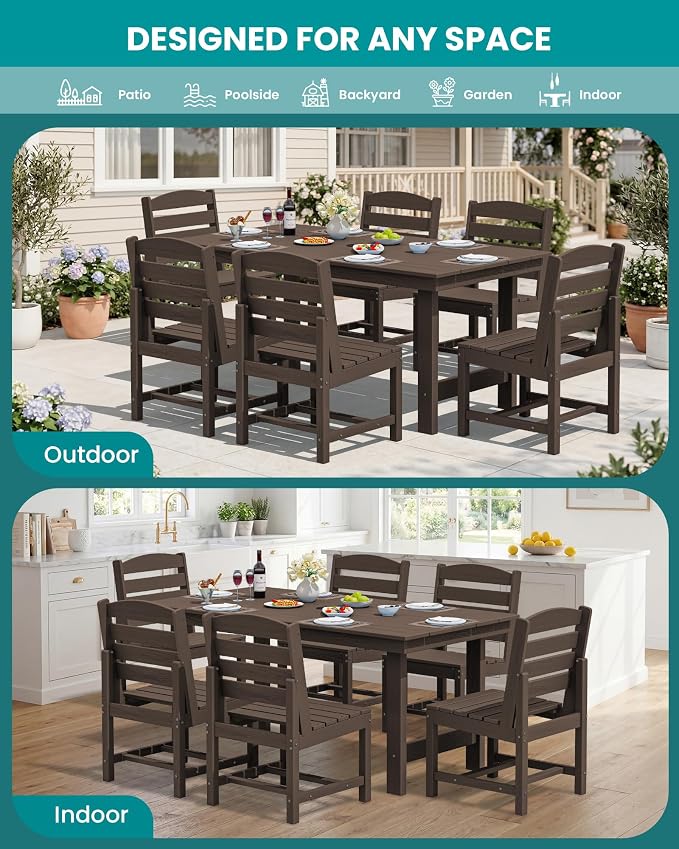 SERWALL Patio Dining Sets for 6 Person, HDPE Dining Set with 6 Armless Chairs, Coffee