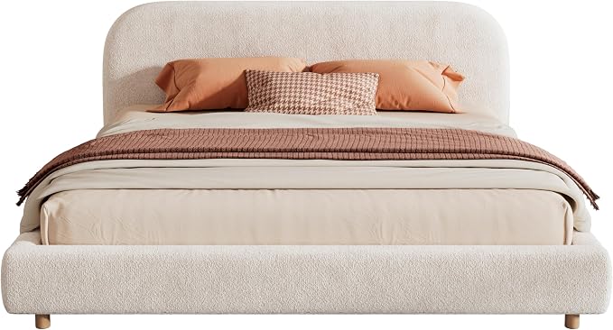 Merax California King Size Teddy Fleece Thick Fabric Upholstered Platform Bed with Curved Shaped Headboard, Wood Bed Frame with Solid Round Legs for Kids Teens Adults, White