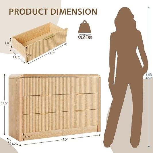Decofy Fluted Drawers Dresser for Bedroom, Wood Dressers with Gold Handles, Modern Dressers with Wave Texture, Large Storage Chest of Drawers, Bedroom Dresser Organizer 47'' & 6 Drawers (Natural Oak)