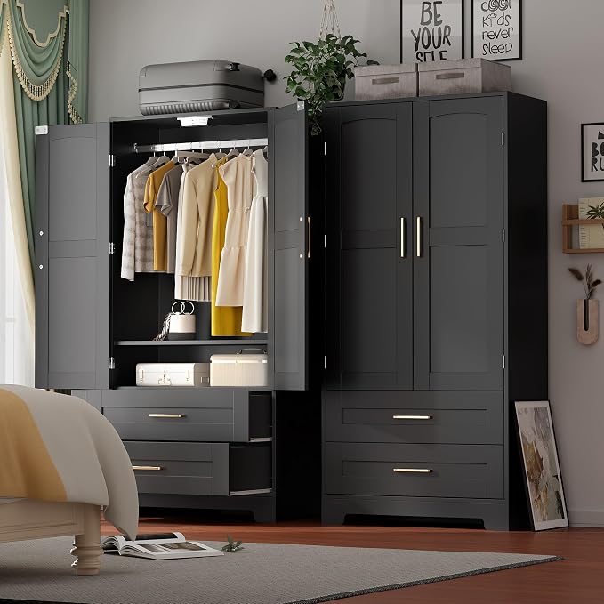 Wooden Armoire Wardrobe Closet, Bedroom Armoires with Door and Drawers, Freestanding Wardrobe Clothing Storage Cabinet with Shelves and Hanging Rod for Bedroom, Laundry Room, Cloak Room(Black)