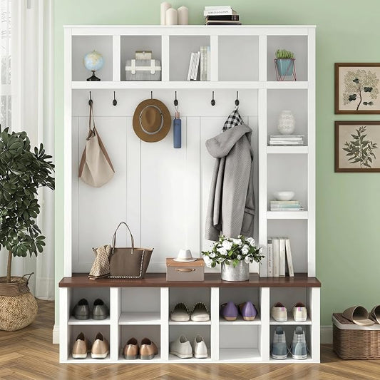Hall Tree with Bench and Shoe Storage,Shoe and Coat Rack with Drawer and Hooks,Farmhouse Furniture for Entryway,Mudroom,Living Room,Black (White, 59.2")