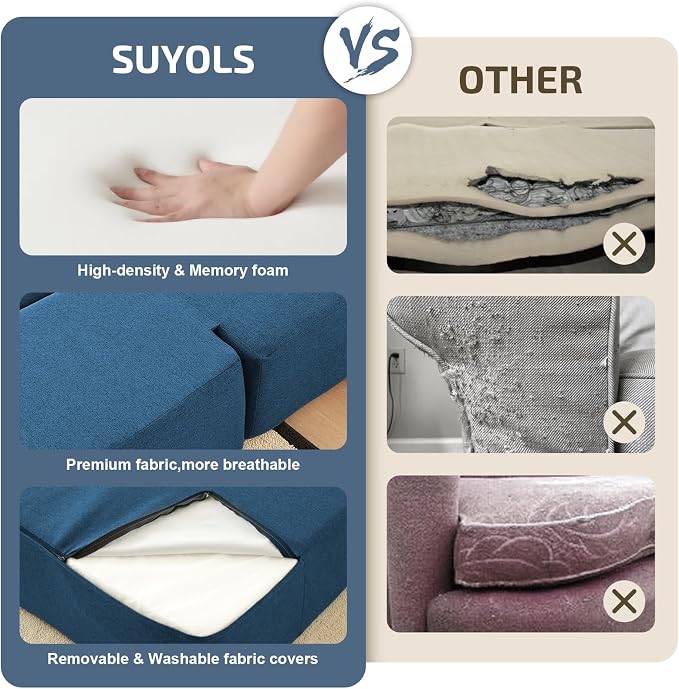 SUYOLS 2-in-1 Folding Sofa Bed with Pillows - Folding Chair Floor Couch & Sleeping Mattress - Washable Cover & Memory Foam Sleeper Chair for Living Room/Guest Room/Apartment/Loft, Navy Blue, Twin XL