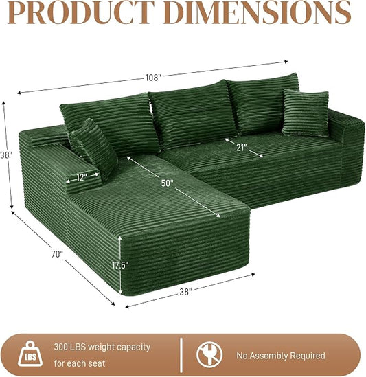 108" L Shaped Cloud Boneless Sectional Couches for Living Room, Modern Comfy Modular Deep Seat Memory Foam Compressed Corduroy Sofa Oversized Left Facing Chaise, No Assembly Required, Green