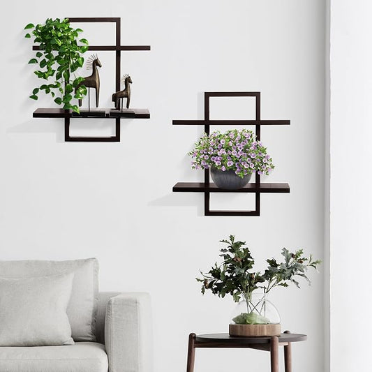 PHOENANCEE Floating Shelves for Wall,Display Hanging Shelf Set of 2,Modern Decorative Plants Shelves,Wood Home Decor Storage Chic for Living Room Bedroom Bathroom Office,Oak Frame,2-Tier (Walnut