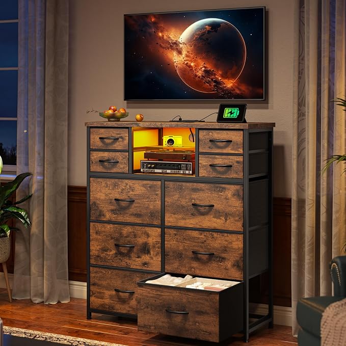 Romorgniz Dresser for Bedroom with LED Lights & Power Outlets 2 AC & 2 USB, Fabric 10 Drawer Dressers & Chest of Drawers with Open Shelves for Hallway Living Room, Metal Frame, Wood Top, Rustic Brown