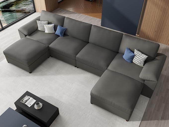 EASE MOOSE Leather Sectional Couch, Oversized Modular Sectional Sofas, Wide Deep Seat Modular Couch, Scratch Resistant Faux Leather Material, U Shaped Sofa for Big Spaces,Grey