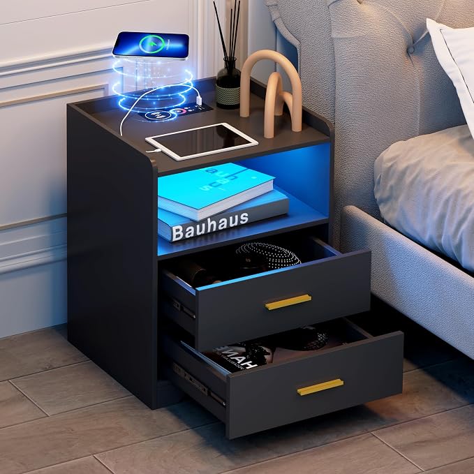 dnbss Black LED Nightstand with Charging Station, Modern Night Stands with 24-Color RGB LED Lights, Smart Lighted Black Bedside Table with 2 Drawers for Bedroom