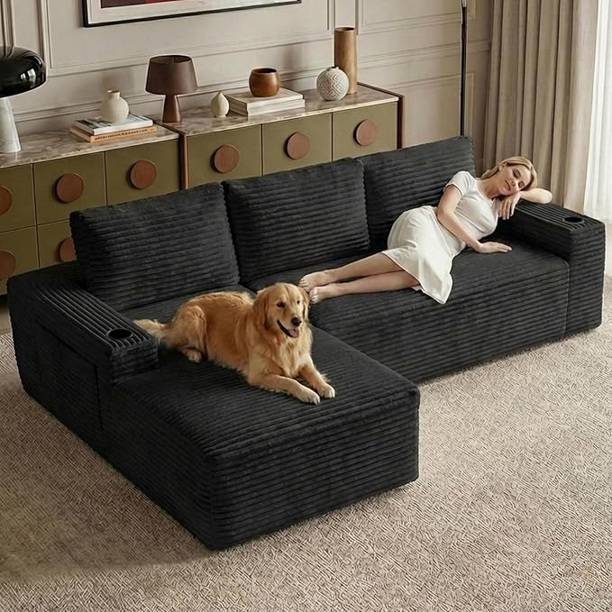 104" Cloud Sectional Couch L-Shaped with Side Pockets Cup Holders, Corduroy Boneless Couch for Living Room,Upholstered Deep-Seat Modular Sectional Sofa, No Assembly Required (Black,Left Facing Chaise)