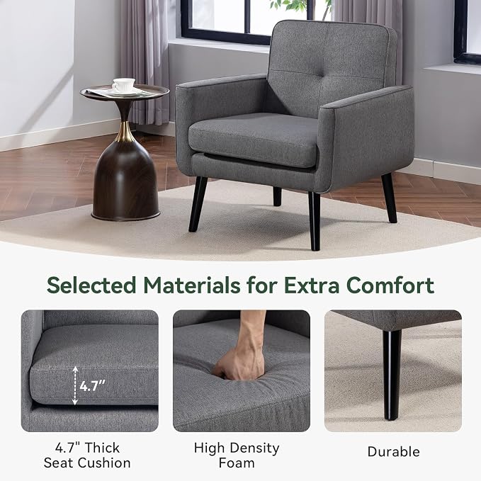 Vogue Furniture Direct Mid Century Accent Chair, Fabric Modern Chair with Wooden Frame, Cozy Armchair Reading Chair with Comfy Back for Apartment, Living Room, Bedroom, Small Space, Corner, Grey