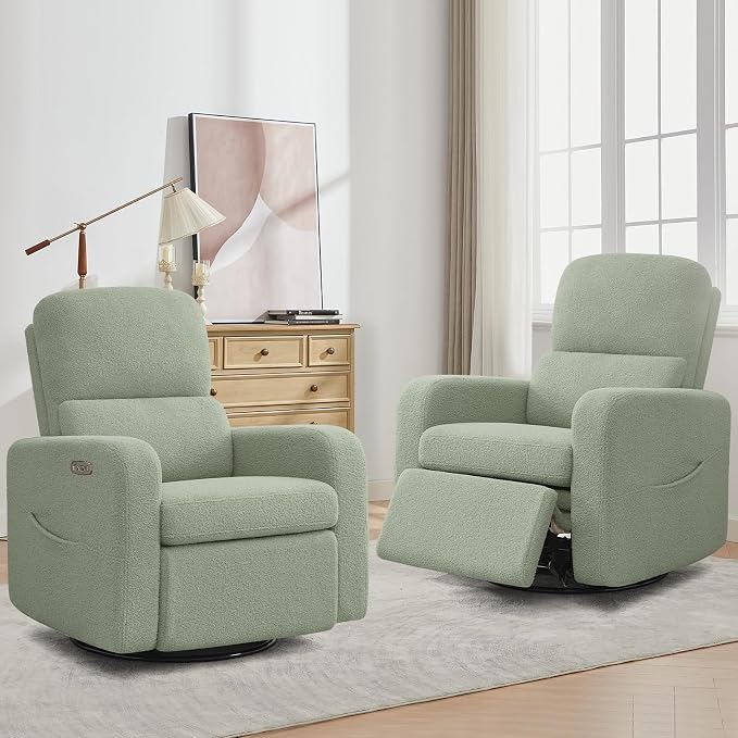 Power Swivel Rocker Recliner, Oversized Electric Boucle Recliner Chair, Teddy Swivel Glider Nursery Reclienr with Removable Cushion, Upholstered Recling Chair for Living Room Bedroom, Green