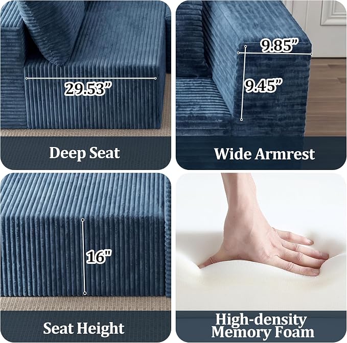 108" Modular Sectional Sofa,L-Shaped Cloud Couch with Deep Seats & Chaise,Convertible Corduroy Boneless Couches for Living Room,Bedroom,No Need Assembly,Blue(Right Facing Chaise)