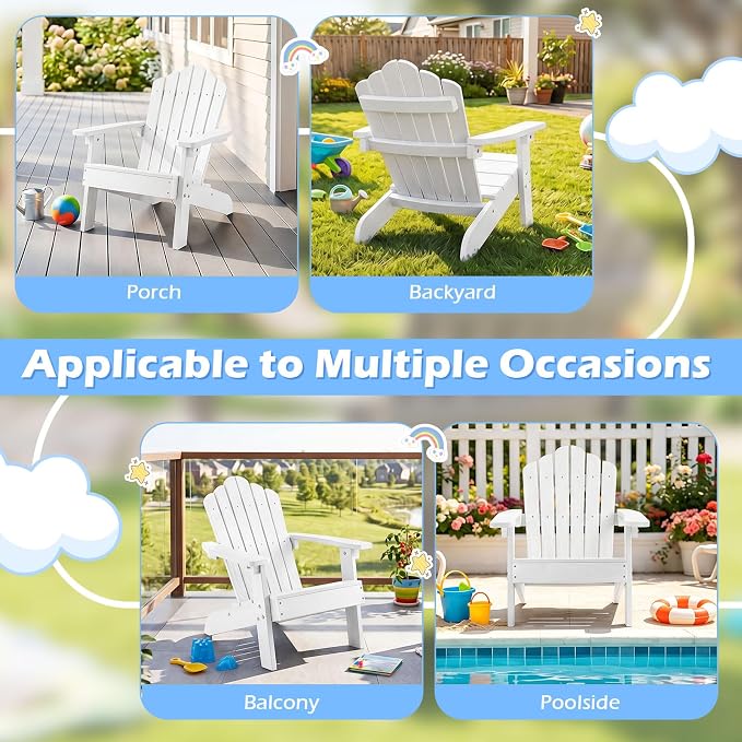 Costzon Kids Adirondack Chair, All-Weather HIPS Toddler Outdoor Chair, Wooden Textured Plastic Fire Pit Chair, Kids Patio Chair for Backyard Lawn Garden, Fits Children Age 3-7 Years (2, White)