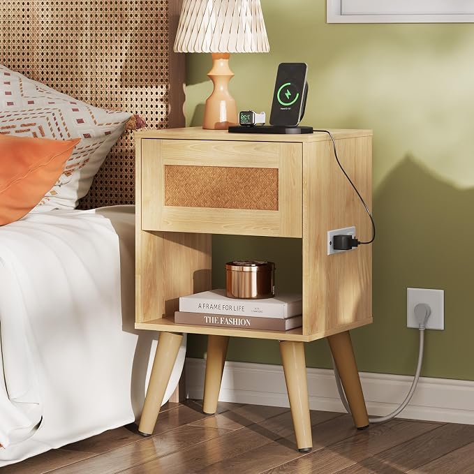 WLIVE Rattan Nightstand with Charging Station, Boho Night Stand, Small Bedroom Side Table, End Table with Drawer and Storage, Wood Bedside Tables for Bedroom, Small Spaces, Natural Oak