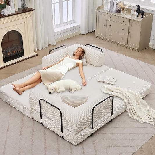 IDEALHOUSE 4 in 1 Convertible Sleeper Sofa Bed Couch, 79 Inch Boneless Corduroy Floor Couch with Pillows, No Assembly, Modern Deep Seat Sofa Futon Mattress for Living Room,Apartment,Beige