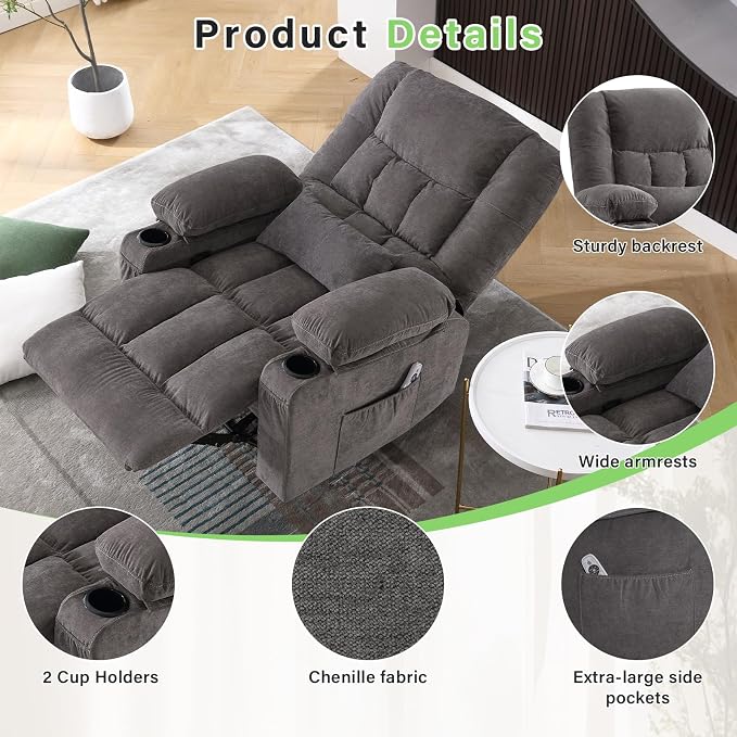 BOSMILLER 360° Swivel Rocker Recliner Chair for Adults,Oversized Recliner Chair with Massage and Heating, Manual Nursery Glider Recliner with Cup Holder and Side Pocket for Living Room, Bedroom,Grey