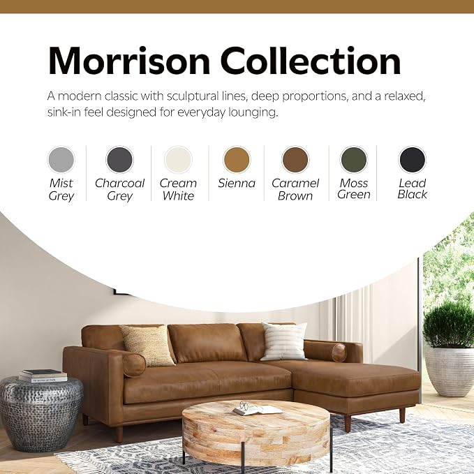 SIMPLIHOME Morrison Right Sectional Sofa in Full-Grain Genuine Leather, Caramel Brown, 102-inches Wide, L-Shaped Leather Couch with Right Chaise for the Living Room and Family Room