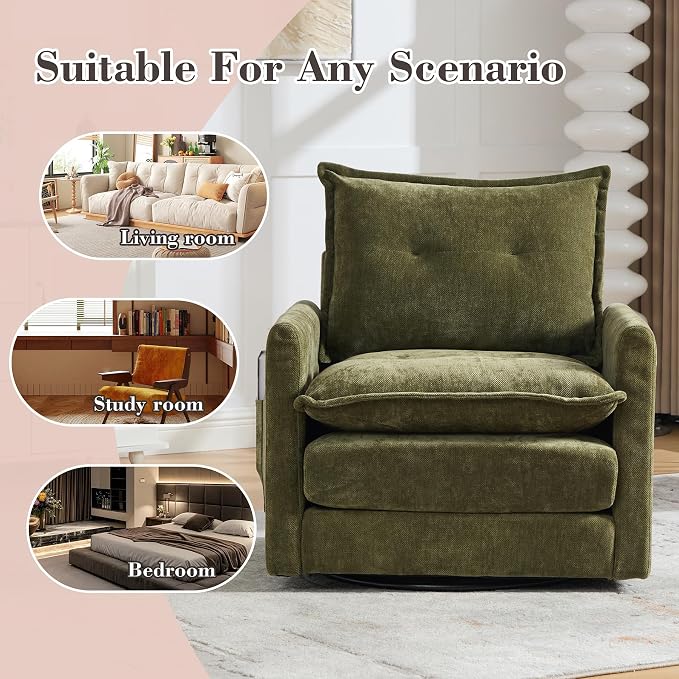 Swivel Accent Chair Set of 2, Modern Swivel Barrel Chair for Living Room, 360 Degree Comfy Square Accent Barrel Chair, Upholstered Sofa Armchair for Bedroom,Reading, Chenille, Olive Green