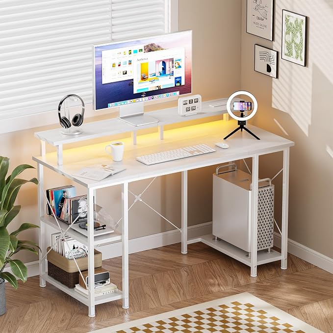 DUMOS 47” Gaming Desk with USB Charging Ports & LED Lights, Reversible Computer Desk with Drawers, PC Desk for Home Office Small Space, Gaming Table Fits PC Towers, White