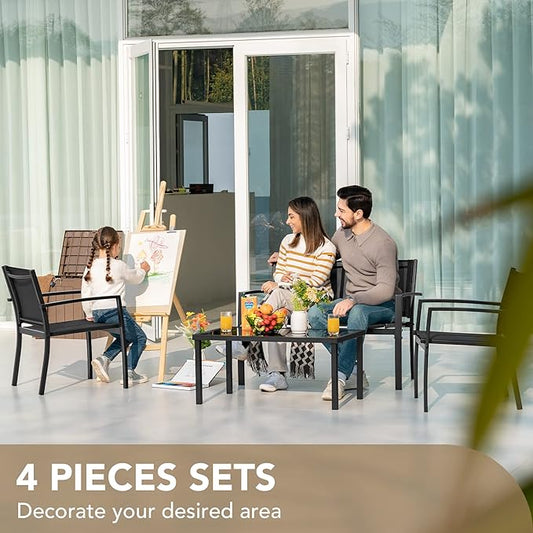Devoko Outdoor Furniture Set 4 Piece Patio Conversation Sets Porch Furniture with Lawn Chairs & Glass Coffee Table for Garden Poolside (Black)