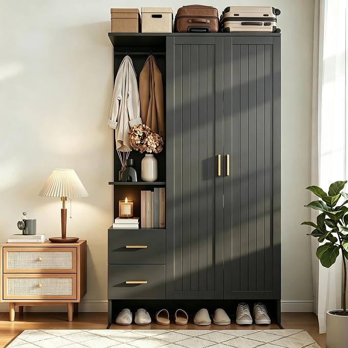 Gyfimoie Modern Wardrobe Closet with 2 Doors & 2 Drawers, 67.8" Tall Armoire Wardrobe with Open Shelves, Freestanding Wardrobe for Bedroom, Wooden Wardrobe Combination for Hanging Clothes (Black)