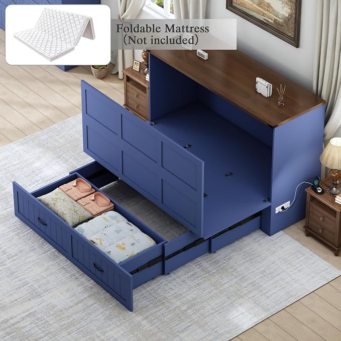 Queen Murphy Bed with Charging Station, Farmhouse Noisy-Free Foldable Cabinet Bed Frame with Storage Drawer, Space Saving Hideaway Wall Bed for Guest Bedroom, Living Room, Office, Blue