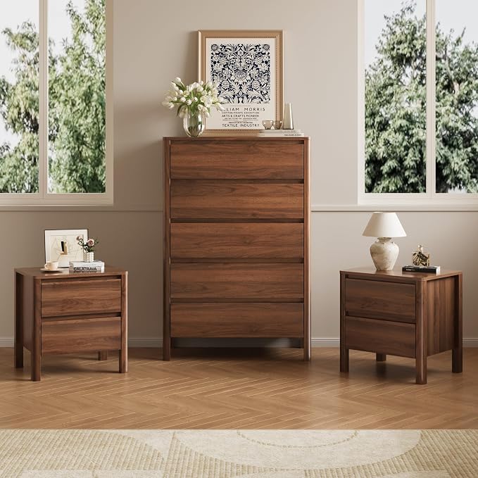 MAISONARIA Walnut 3-Piece Dresser Bedroom Set, 5 Drawers Dresser & 2 Drawer Nightstands with Hidden Handles, Wood Chest of Drawers for Bedroom, Living Room, Entryway