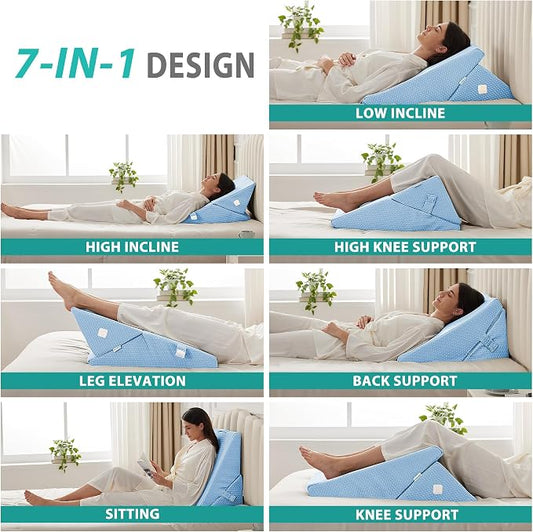 Wedge Pillow for Sleeping, Adjustable 9&12 Inch Foldable Bed Wedge Pillow Set, Orthopedic Memory Foam Triangle Pillows Wedge, 7-in-1 Elevated Pillows for Leg and Back Support, Light Blue