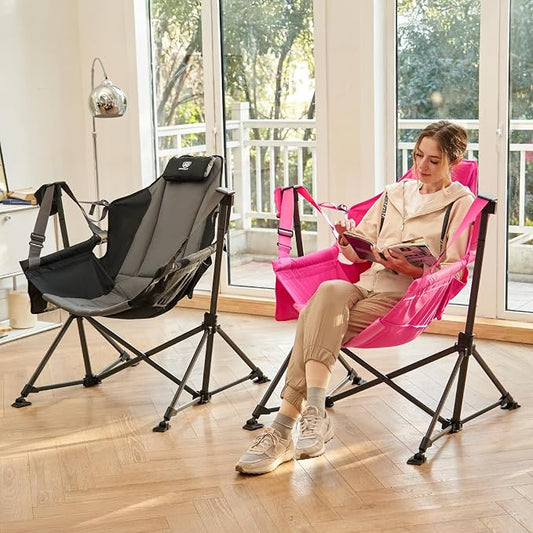 EVER ADVANCED Padded Oversized Hammock Camping Chair, Compact Heavy Duty Swing Chair with Multi-Storage Pockets, Portable Folding Rocking Camping Chair, Support Up to 400lbs, Pink