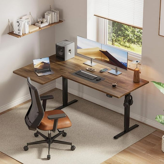 Klicelor L Shaped Standing Desk, 55 Inch Electric Height Adjustable Desk with Memory Preset, Reversible Sit Stand Up Computer Workstation for Home Office, Splice Board, Dark Walnut
