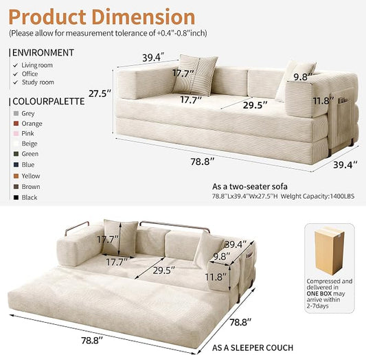 78.8" Convertible Sofa Bed with Armrest Pillow, 4-in-1 Sleeper Couch Bed for Livingroom, Modular Corduroy Boneless couches, No Assembly (Beige)