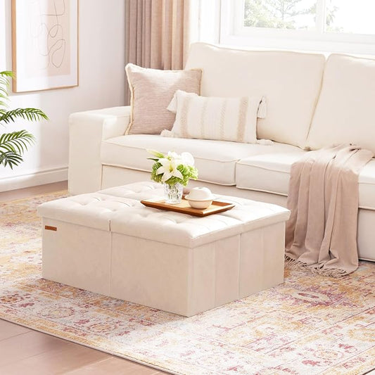 HAUSFRAU 31.5 Inches Ottoman with Storage Bench, Folding Ottoman Bench Small Foot Rest Stool, Bedroom Bench with Flipping Lid, Faux Leather Ivory