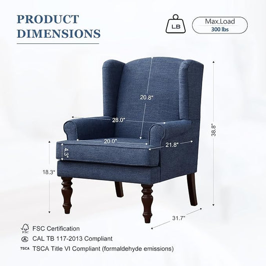 HUIMO Printed Wingback Accent Chair, Linen Upholstered High Back Armchair, Comfy Reading Chair for Living Room Bedroom Study, 300lbs Weight Capacity (1, Navy Blue)