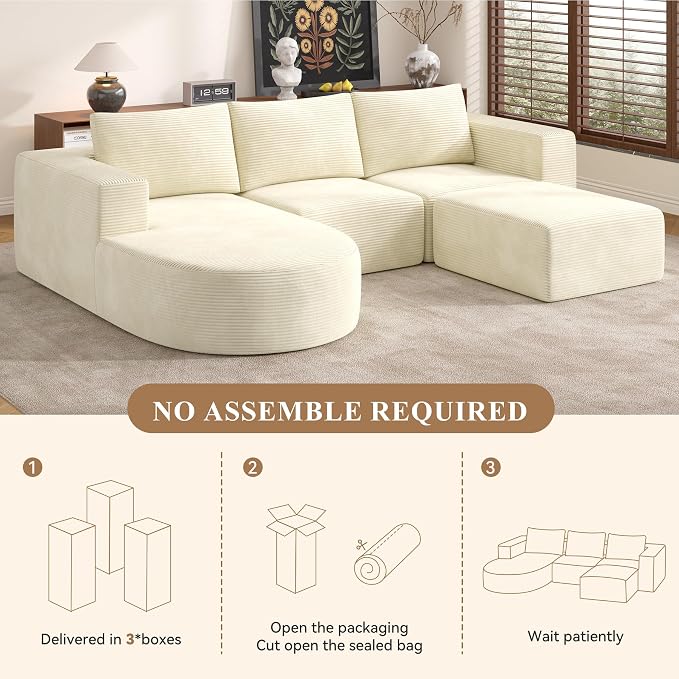 U-Shaped Boneless Couches for Living Room with Chaise,104" Modular Sectional Sofa with Convertible Ottoman,Cozy Cloud Couch with U-Shaped,Sponge Compression Sofas in a Box