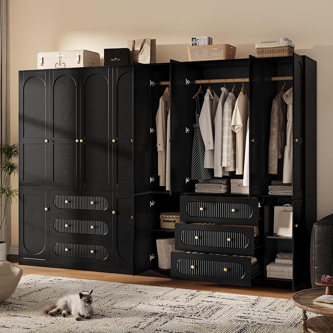 TOKSOM 4 Doors Freestanding Armoire Wardrobe Closet, 72" Black Wardrobe Armoire Wooden Closet Large Capacity Storage with 3 Drawers & 3 Hanging Rod Shelves Clothes Organizer